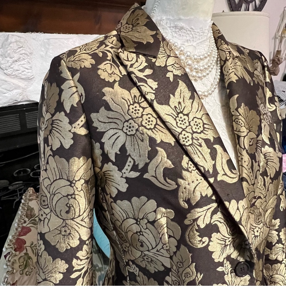 New York & Company Metallic Gold Floral Blazer Jacket Size 8 - Picture 3 of 13